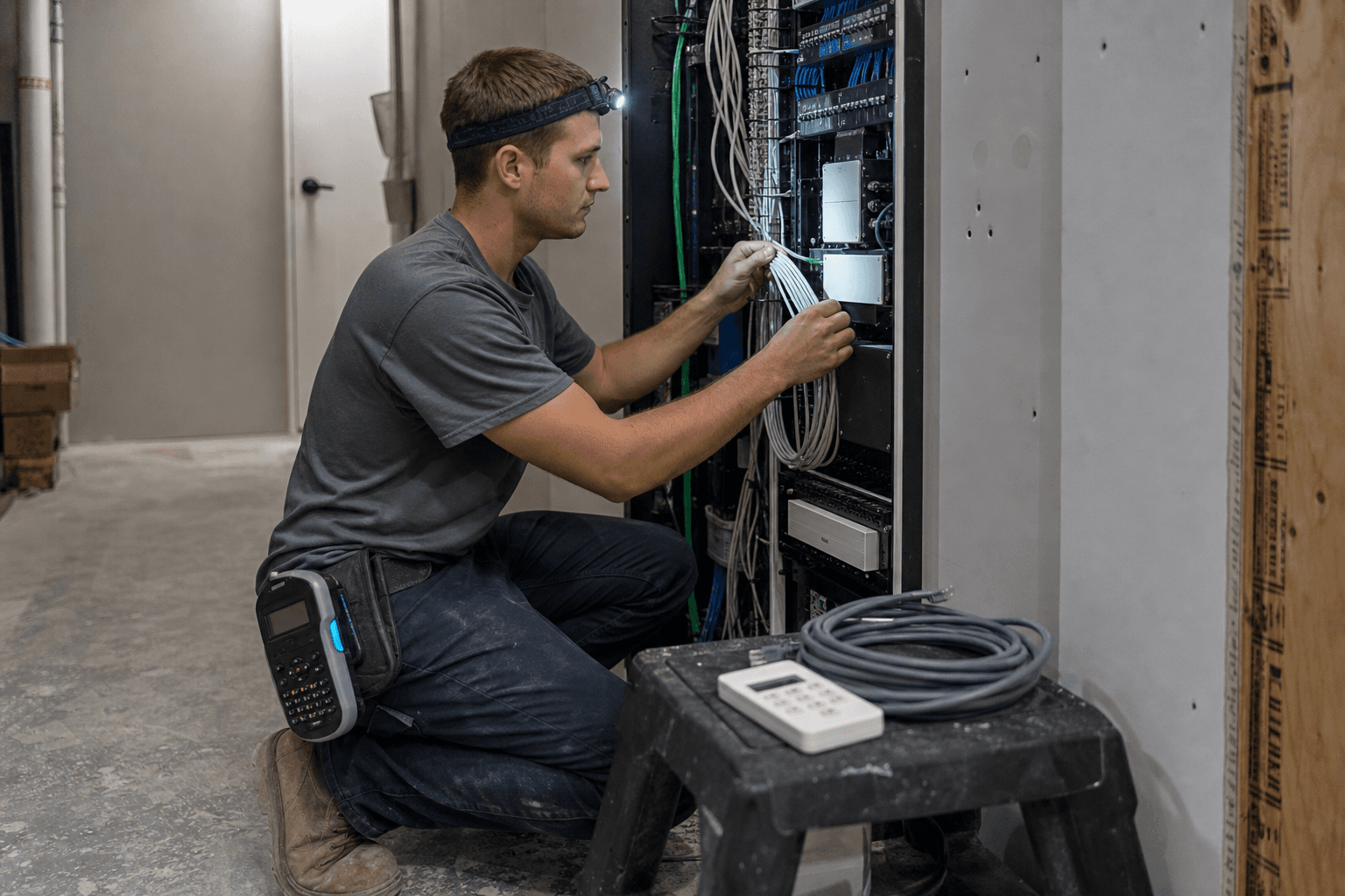 Low-voltage installer wiring a security panel in a utility room