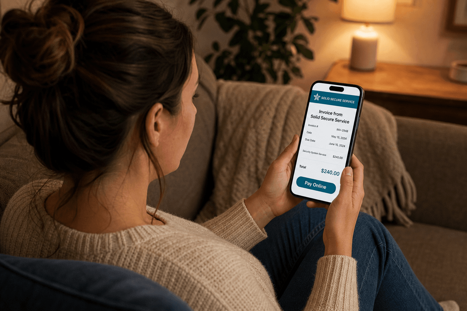 Customer paying an invoice from their phone at home