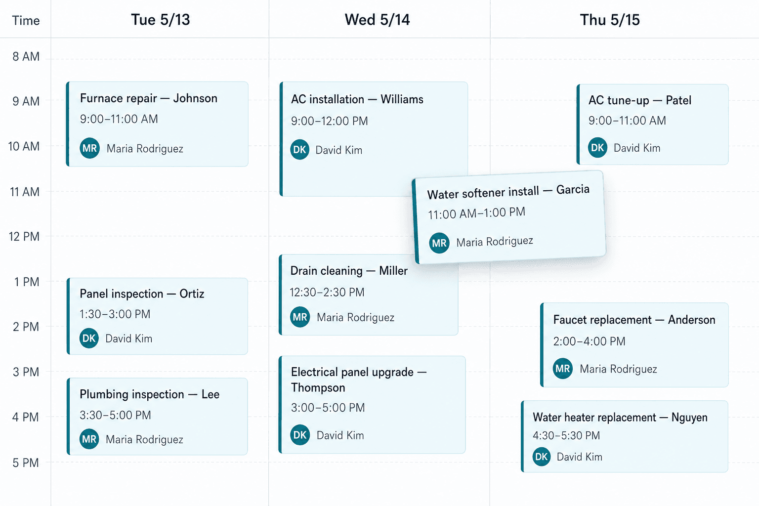 Weekly dispatch calendar with color-coded jobs