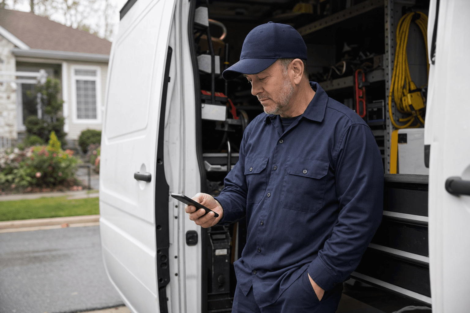 Technician checking the day's jobs from a work van