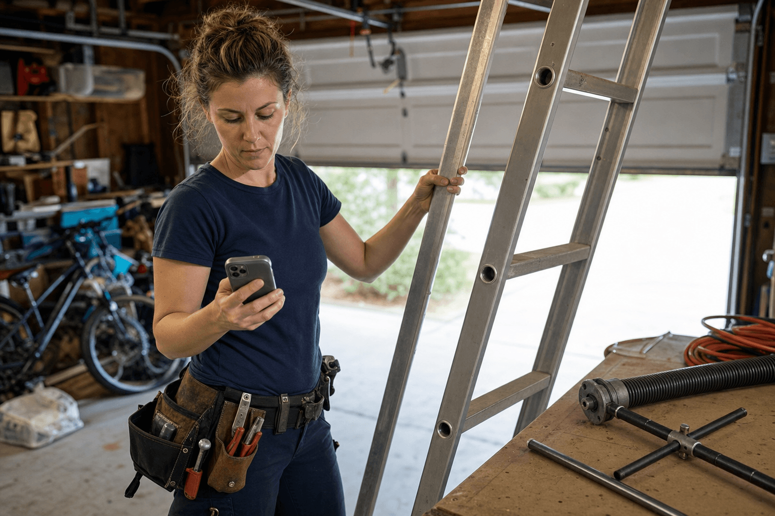 Garage door technician reviewing a job on a tablet in front of an open garage